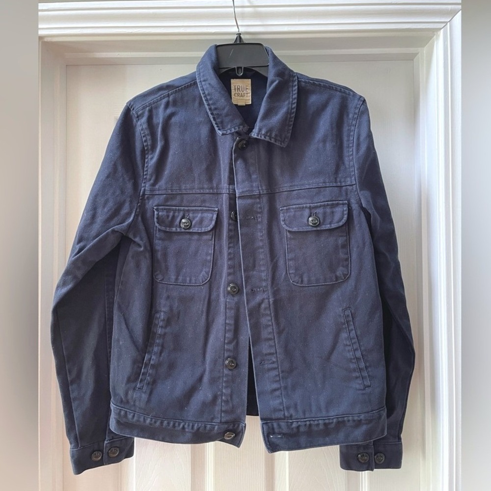 True Craft Mens Navy Blue Cotton Button Front Utility Trucker Jacket Size Medium